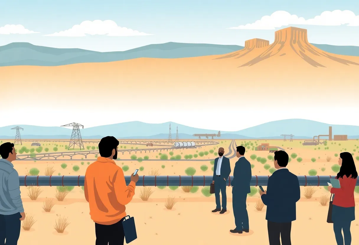 Community members discussing the New Mexico Gas Company sale with pipelines in the background.