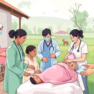 Health care workers providing assistance in a rural clinic
