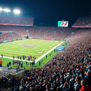 New Mexico Lobos celebrating their victory in a football game against Utah State.