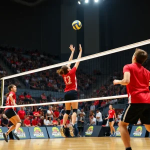 Players from the New Mexico Lobos volleyball team in action during a match.
