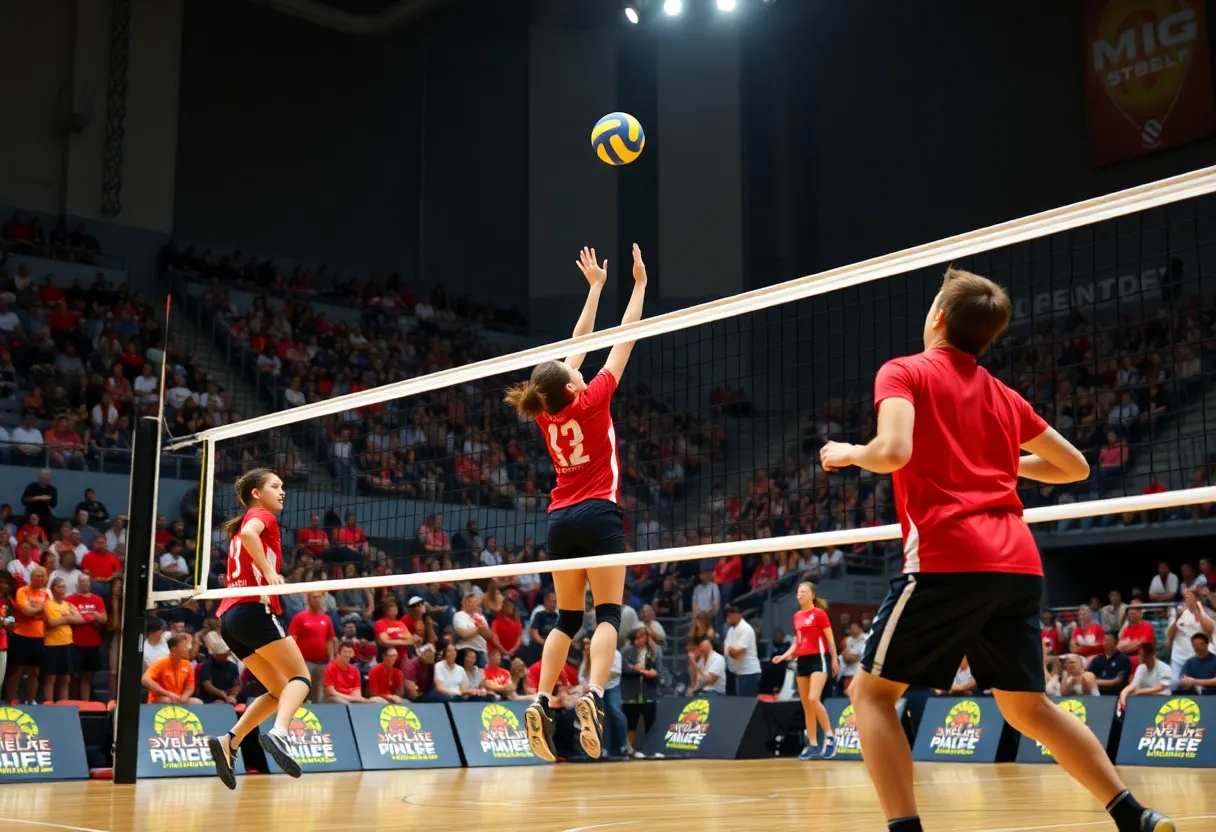 Players from the New Mexico Lobos volleyball team in action during a match.