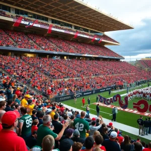 Fans cheering in University Stadium during the New Mexico Lobos vs Utah State Aggies football game.