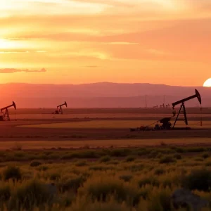 Vibrant landscape showcasing oil rigs and fields in New Mexico with a sunset