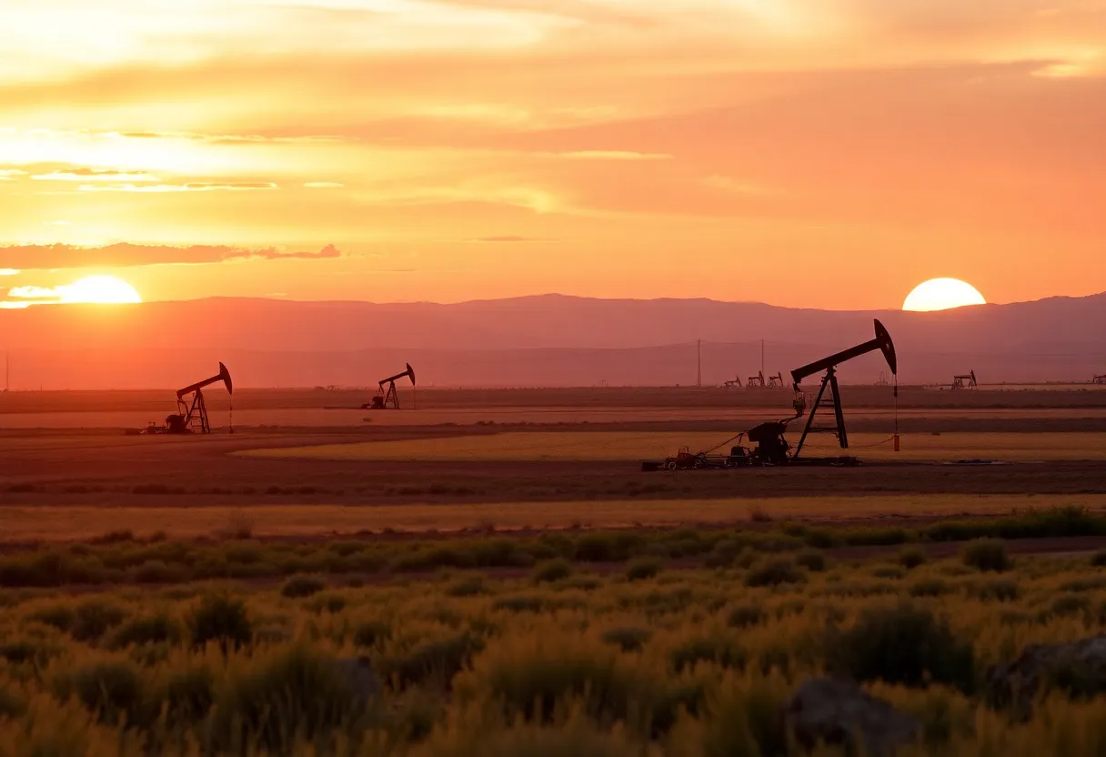 Vibrant landscape showcasing oil rigs and fields in New Mexico with a sunset