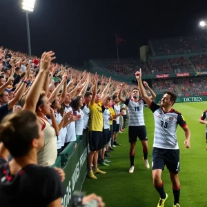 New Mexico United players celebrate after winning the match against Phoenix Rising.