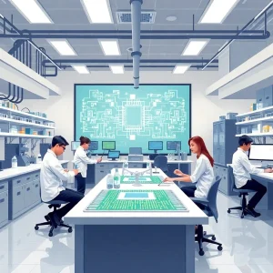 Students and researchers in a semiconductor lab at New Mexico State University.