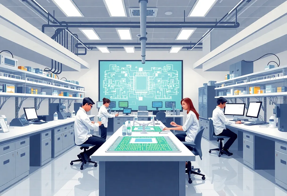 Students and researchers in a semiconductor lab at New Mexico State University.