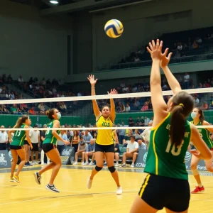 New Mexico State Women's Volleyball team celebrating a victory