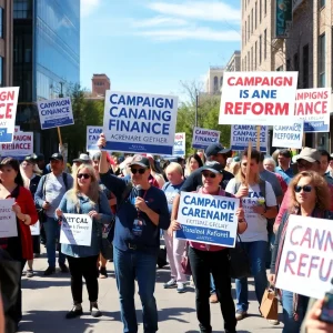 Participants of the No Kings II march in Albuquerque holding signs