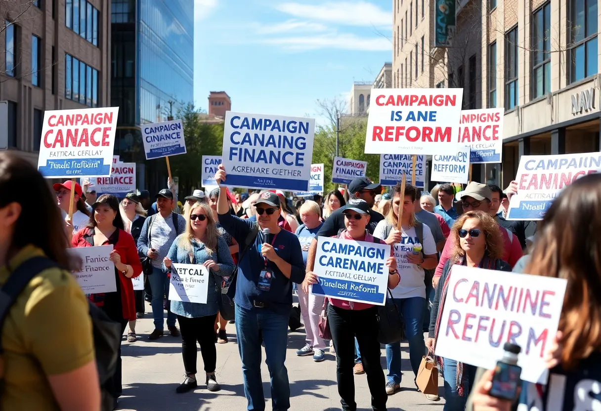 Participants of the No Kings II march in Albuquerque holding signs