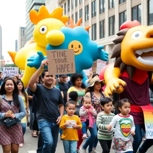 Participants of the No Kings March in Albuquerque with inflatable characters and families advocating for social justice