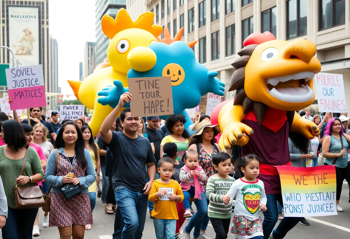 Participants of the No Kings March in Albuquerque with inflatable characters and families advocating for social justice