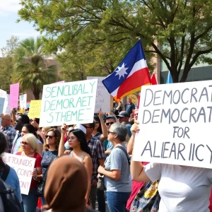 Protesters holding signs at the No Kings protest in downtown Albuquerque