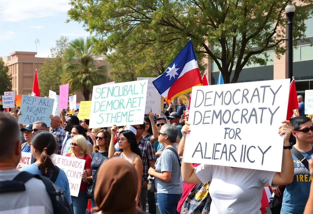 Protesters holding signs at the No Kings protest in downtown Albuquerque