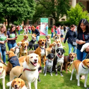 Families interacting with dogs and cats at the Pike Paws adoption event on a university campus