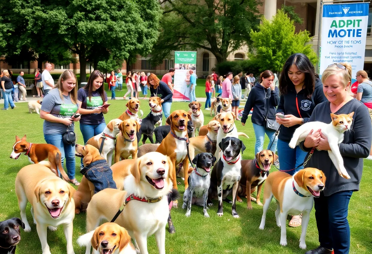 Families interacting with dogs and cats at the Pike Paws adoption event on a university campus
