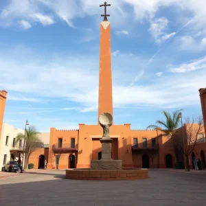 Historic plaza obelisk in Santa Fe reflecting architectural heritage and cultural diversity.