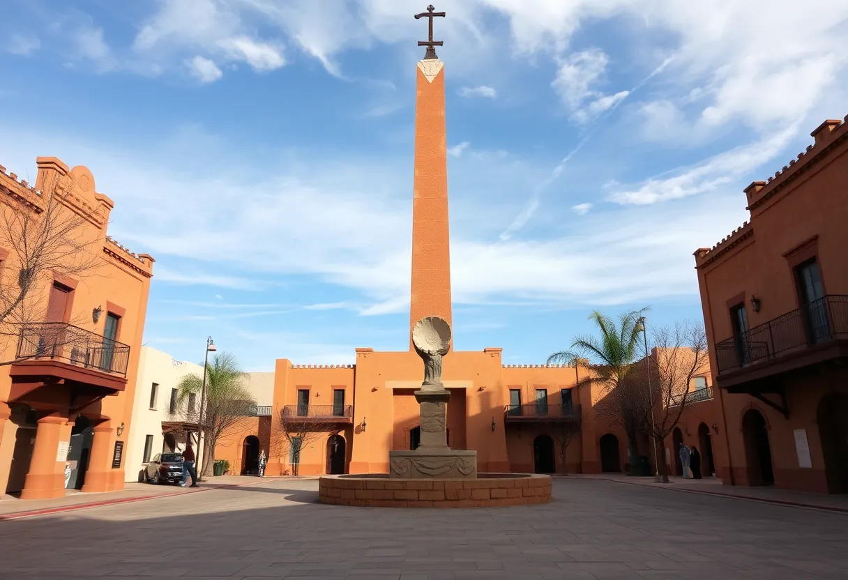 Historic plaza obelisk in Santa Fe reflecting architectural heritage and cultural diversity.