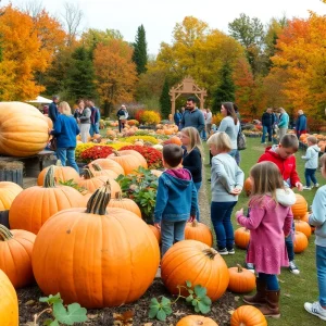 Families at Albuquerque's pumpkin contest with giant pumpkins and autumn leaves.