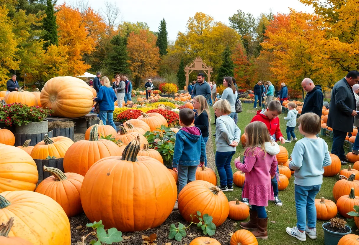 Families at Albuquerque's pumpkin contest with giant pumpkins and autumn leaves.