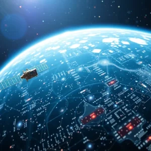 Illustration of quantum computing technology and space weather phenomena.