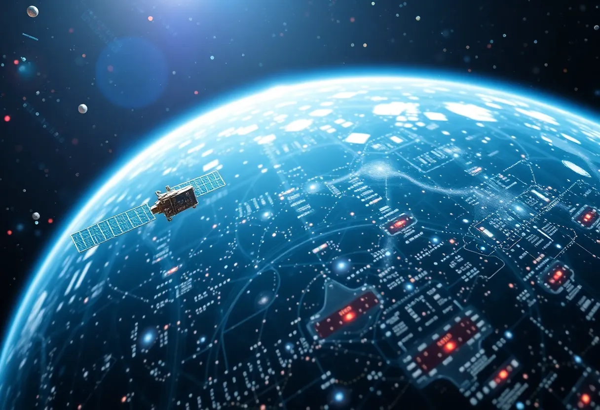 Illustration of quantum computing technology and space weather phenomena.