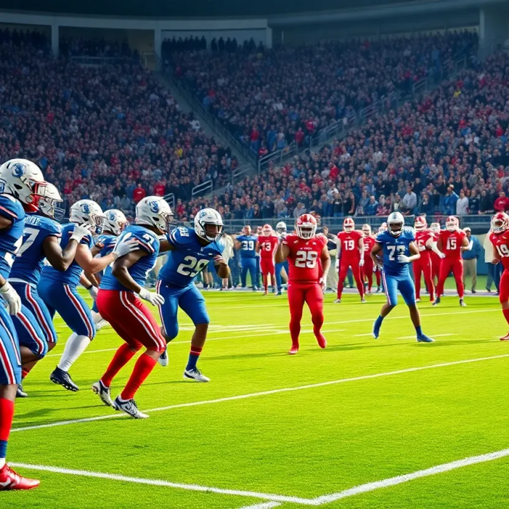 Action shot of a football game with teams in blue and red uniforms.