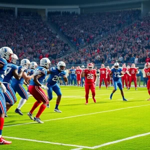 Action shot of a football game with teams in blue and red uniforms.