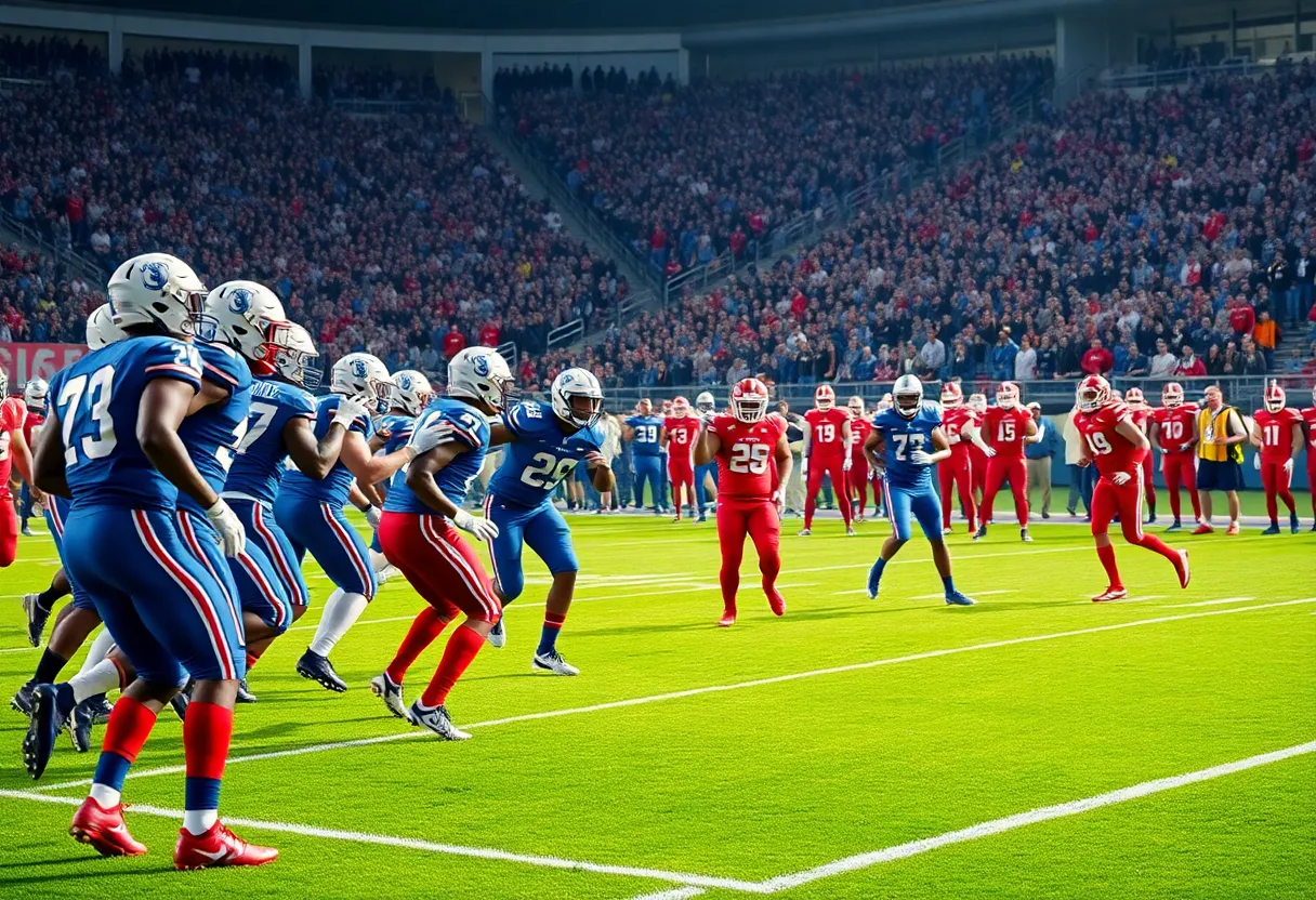 Action shot of a football game with teams in blue and red uniforms.
