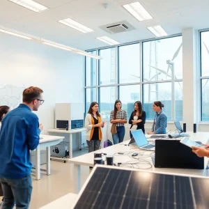 Students participating in renewable energy training at an educational lab.