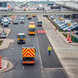 Construction crews working on repaving at Albuquerque Sunport International Airport