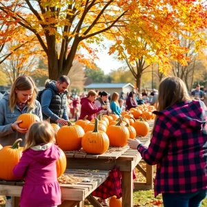 Families enjoying the fall celebration at Campus Park in Rio Rancho with activities like pumpkin carving and hayrides.