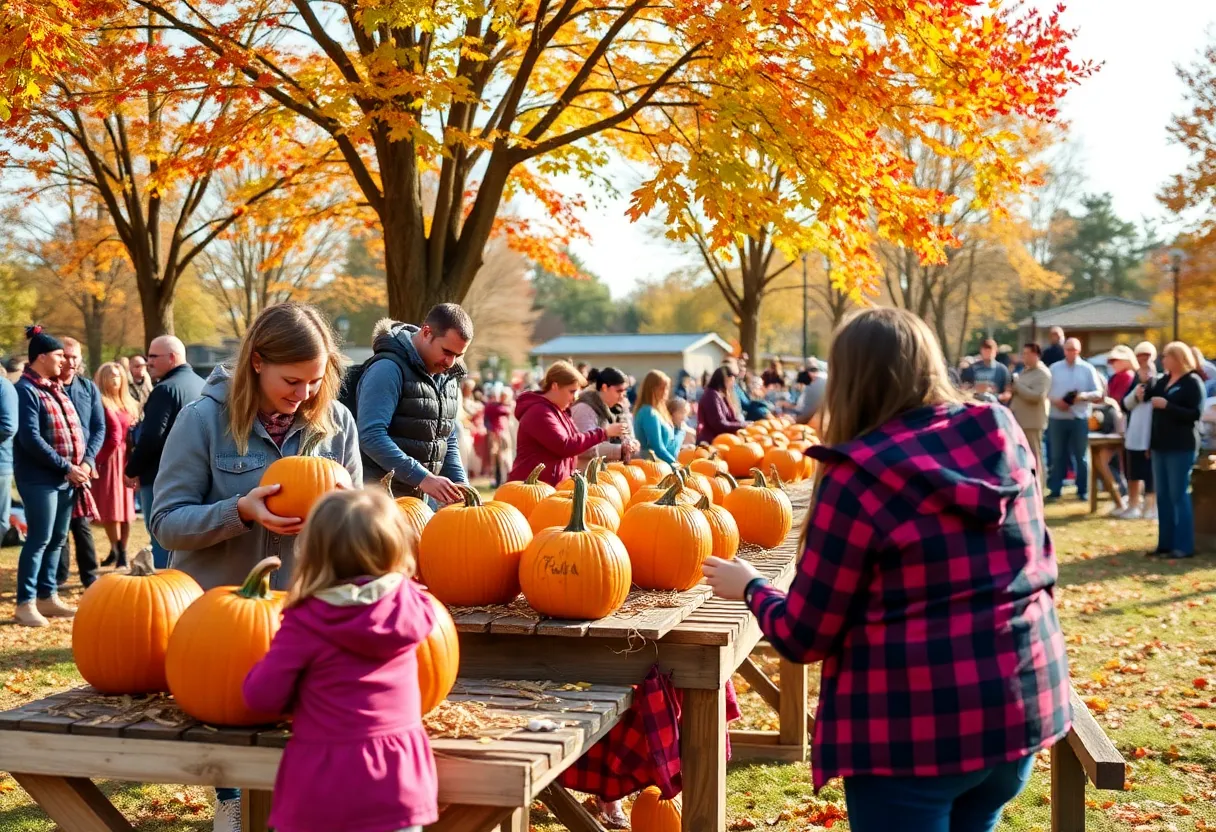 Families enjoying the fall celebration at Campus Park in Rio Rancho with activities like pumpkin carving and hayrides.
