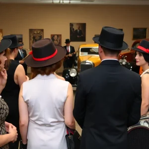 Attendees enjoying the Roaring Twenties themed event at the Albuquerque Museum, dressed in period costumes.