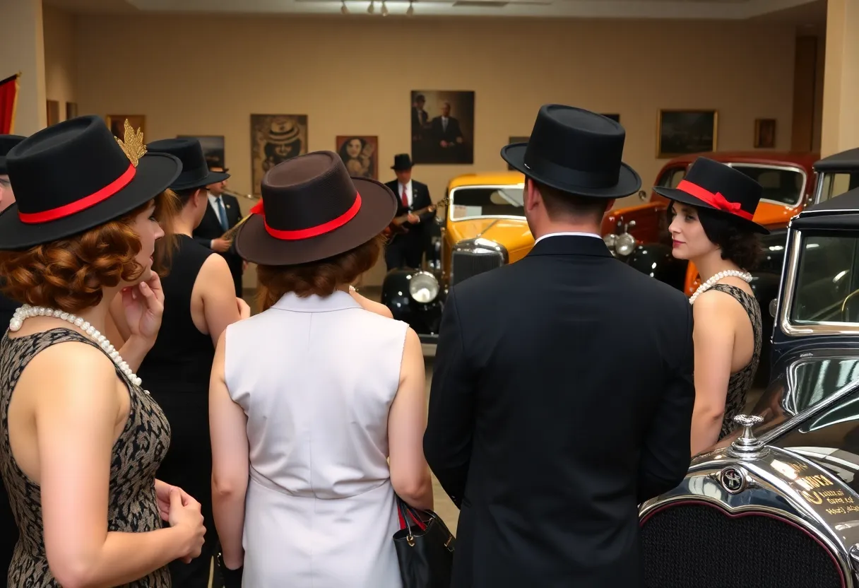 Attendees enjoying the Roaring Twenties themed event at the Albuquerque Museum, dressed in period costumes.