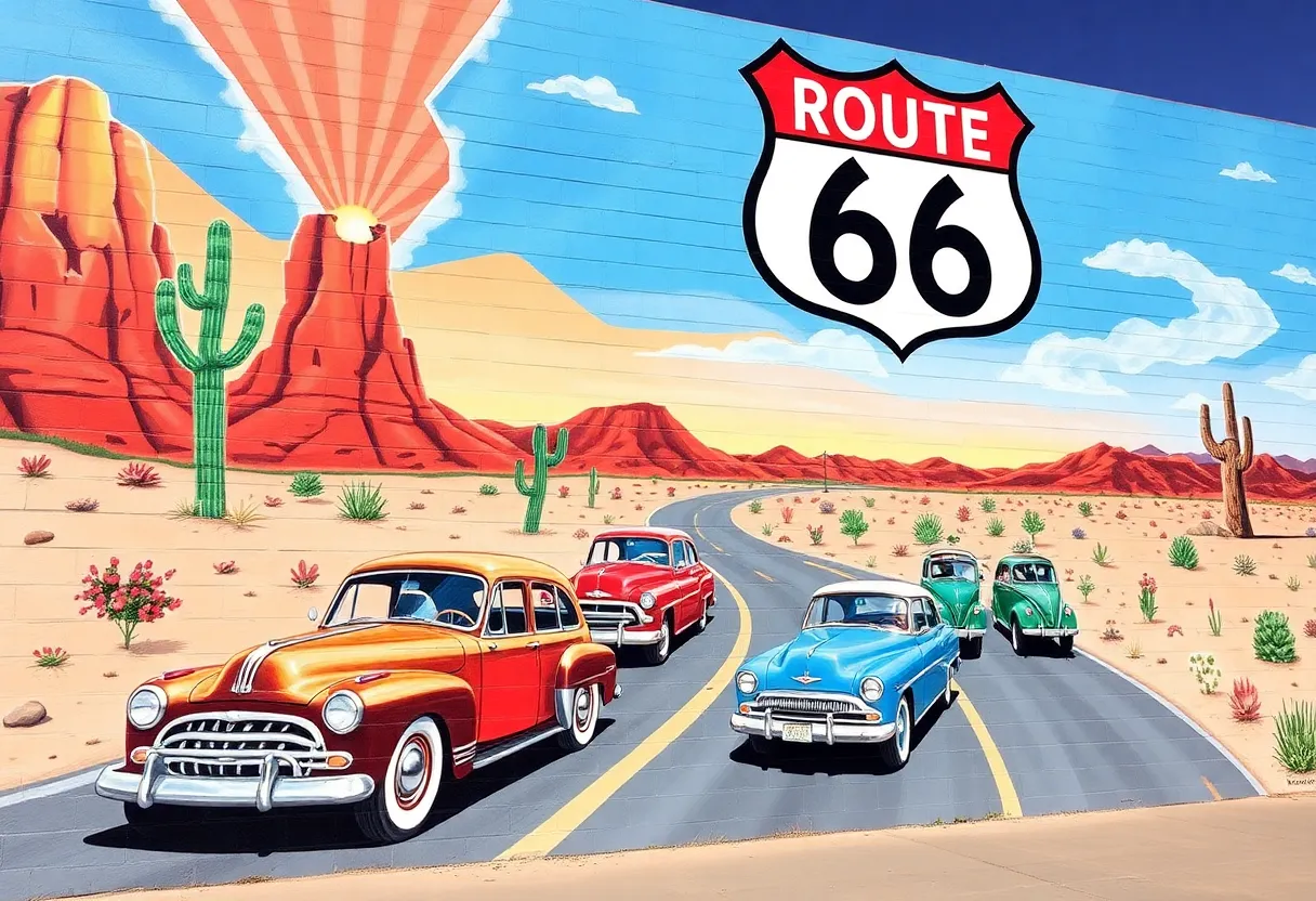 Mural on Route 66 Centennial Sign in Old Town Albuquerque
