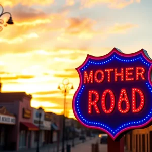 Neon sign celebrating Route 66 Centennial in Albuquerque
