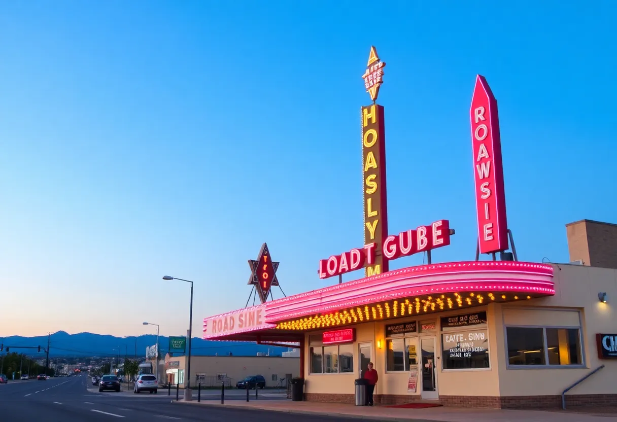 Neon signage of the Route 66 landmark in Albuquerque