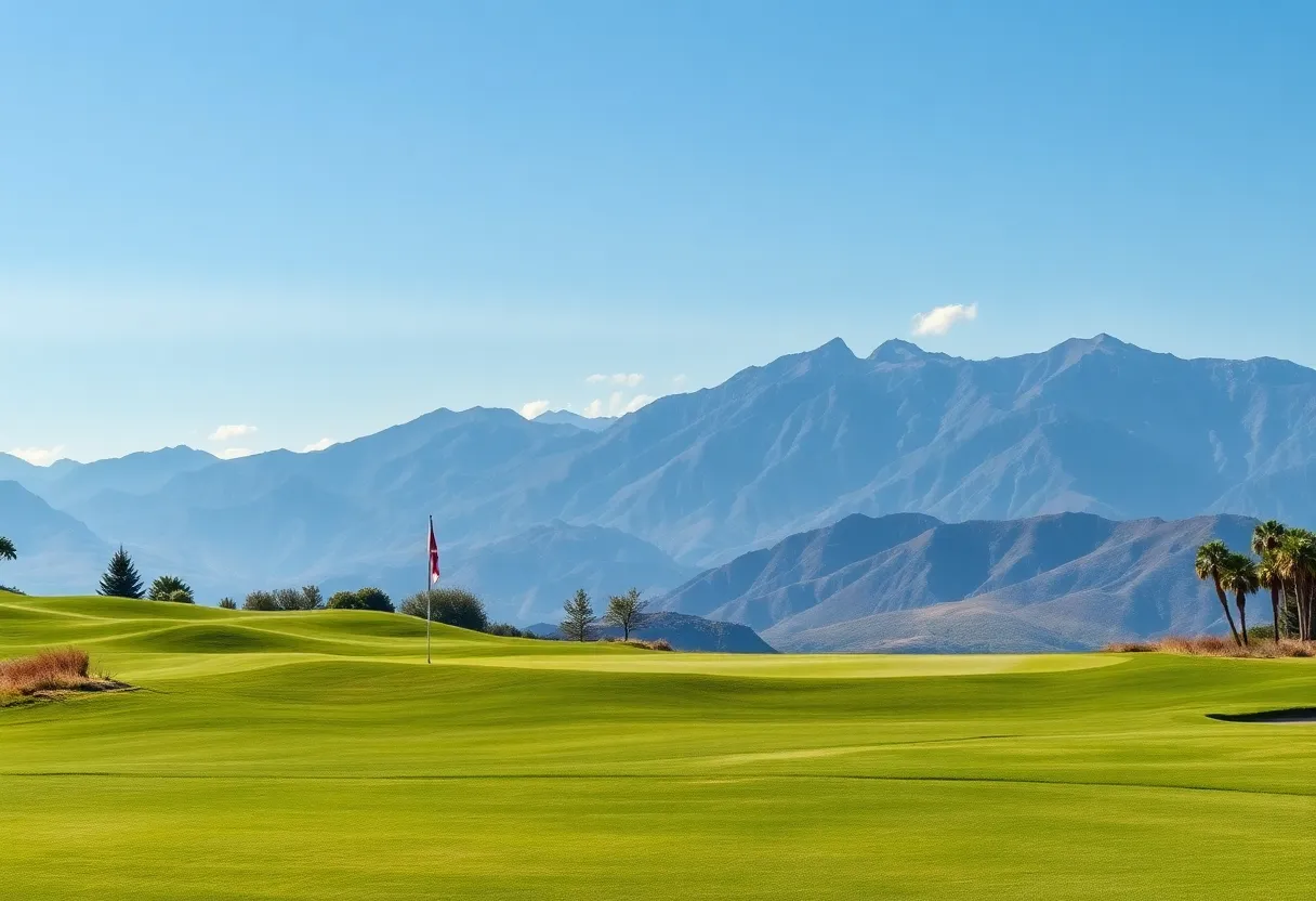 Aerial view of Sandia Golf Club showcasing renovations and scenic Sandia Mountains.