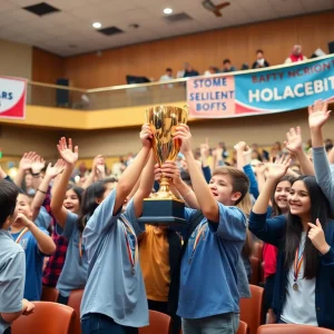 Students celebrating with a trophy in an auditorium