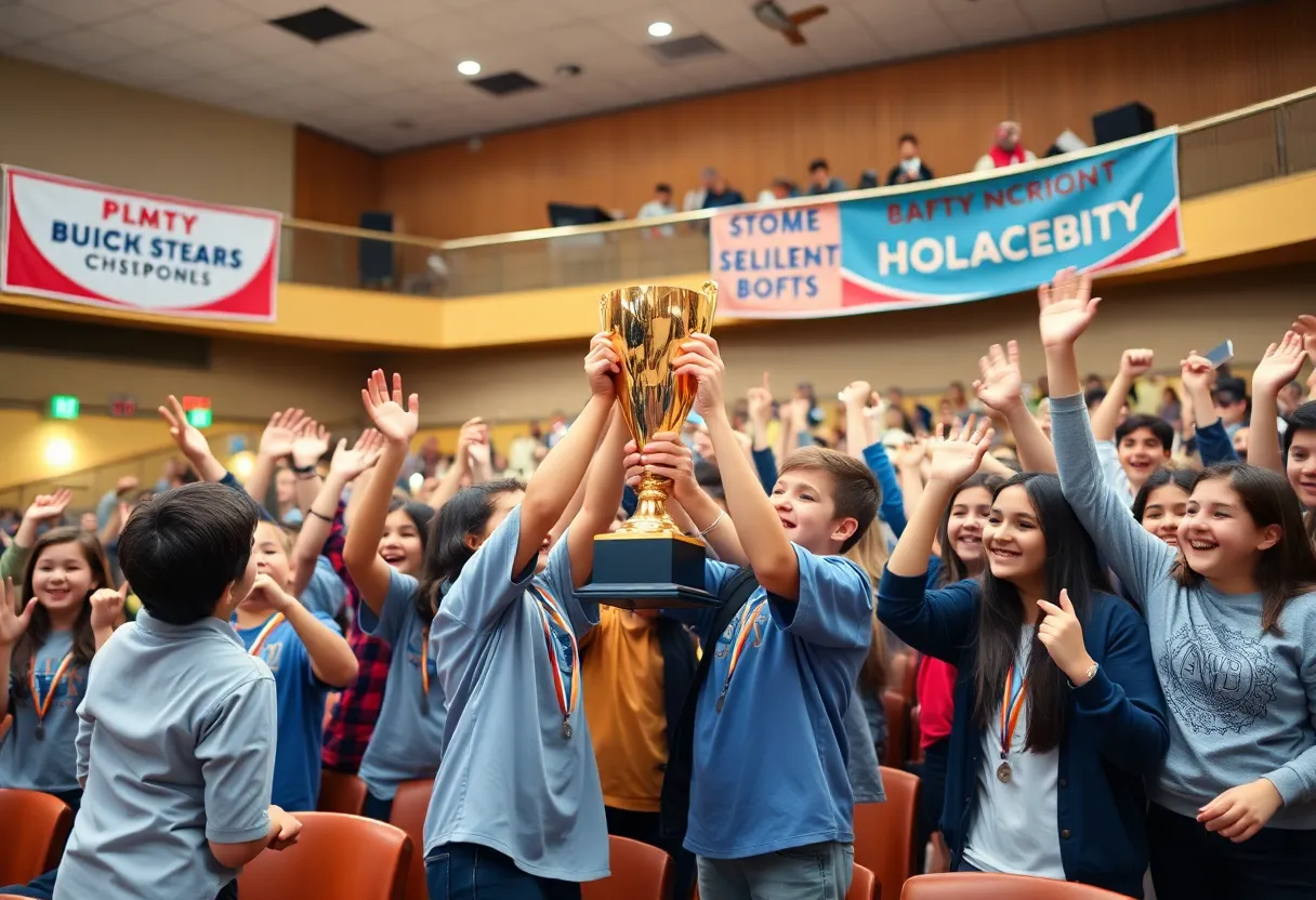 Students celebrating with a trophy in an auditorium