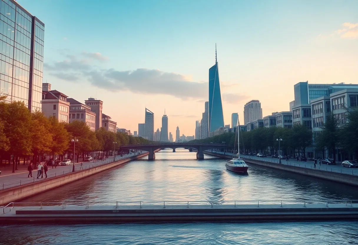 A city skyline showcasing modern technology and innovation.