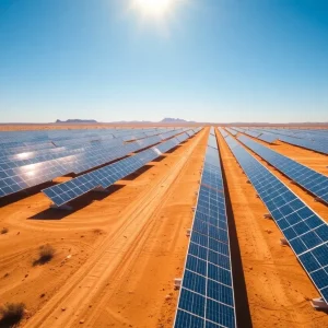 View of the Santa Teresa solar farm with solar panels in the desert