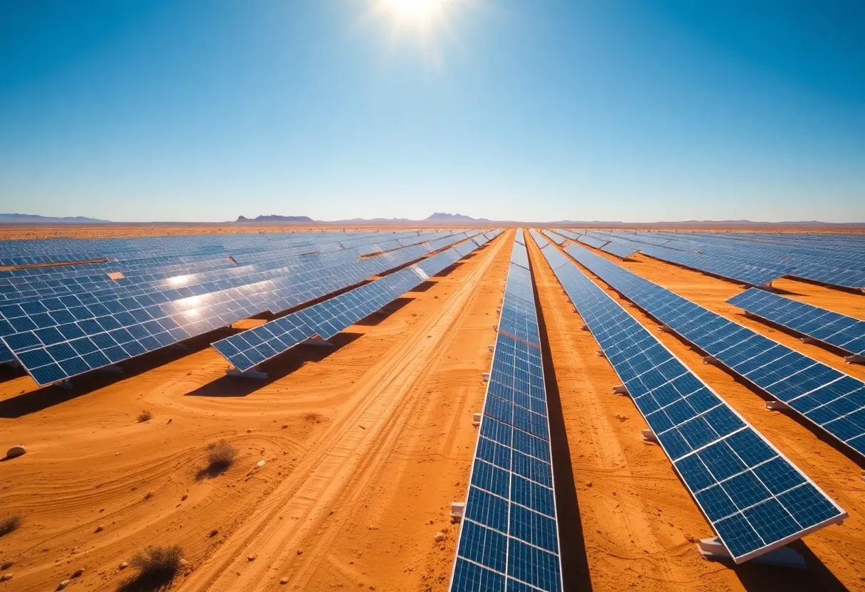 View of the Santa Teresa solar farm with solar panels in the desert