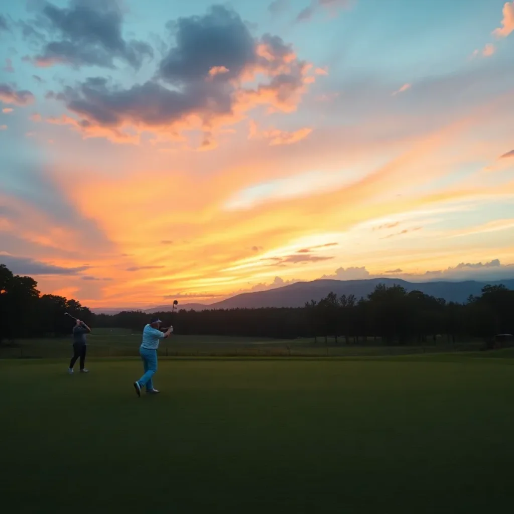A lush golf course during sunset, with golfers practicing on the fairway.