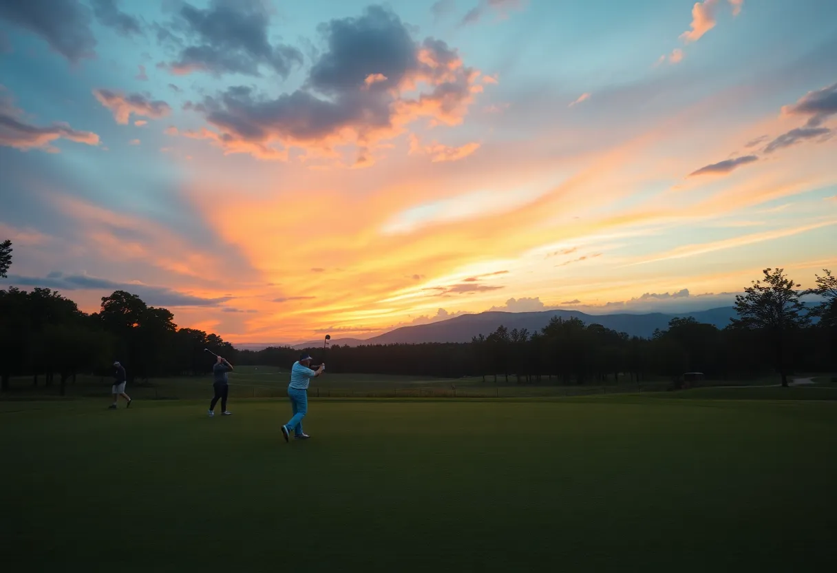 A lush golf course during sunset, with golfers practicing on the fairway.