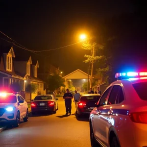 Police cars in a residential area responding to a shooting incident at a house party