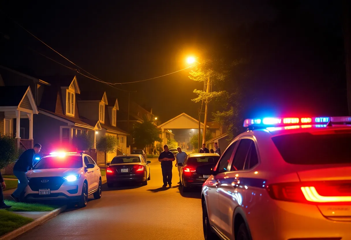 Police cars in a residential area responding to a shooting incident at a house party