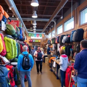 Exterior view of Sierra's outdoor gear store in Albuquerque with customers shopping.