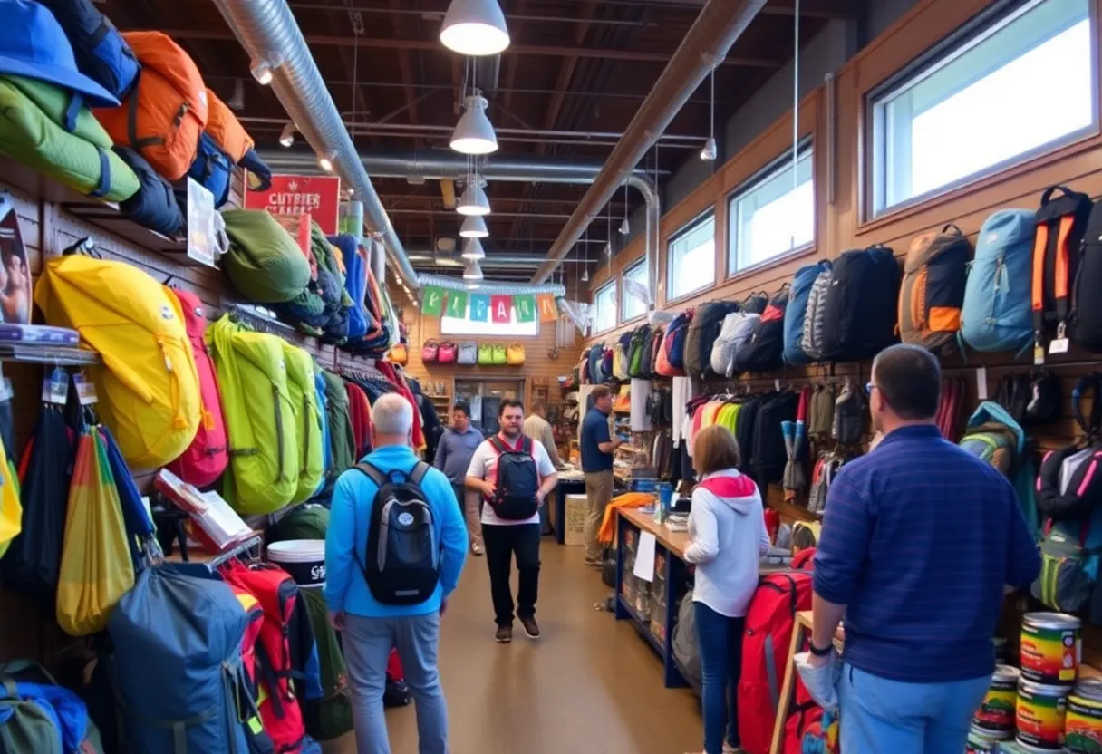 Exterior view of Sierra's outdoor gear store in Albuquerque with customers shopping.